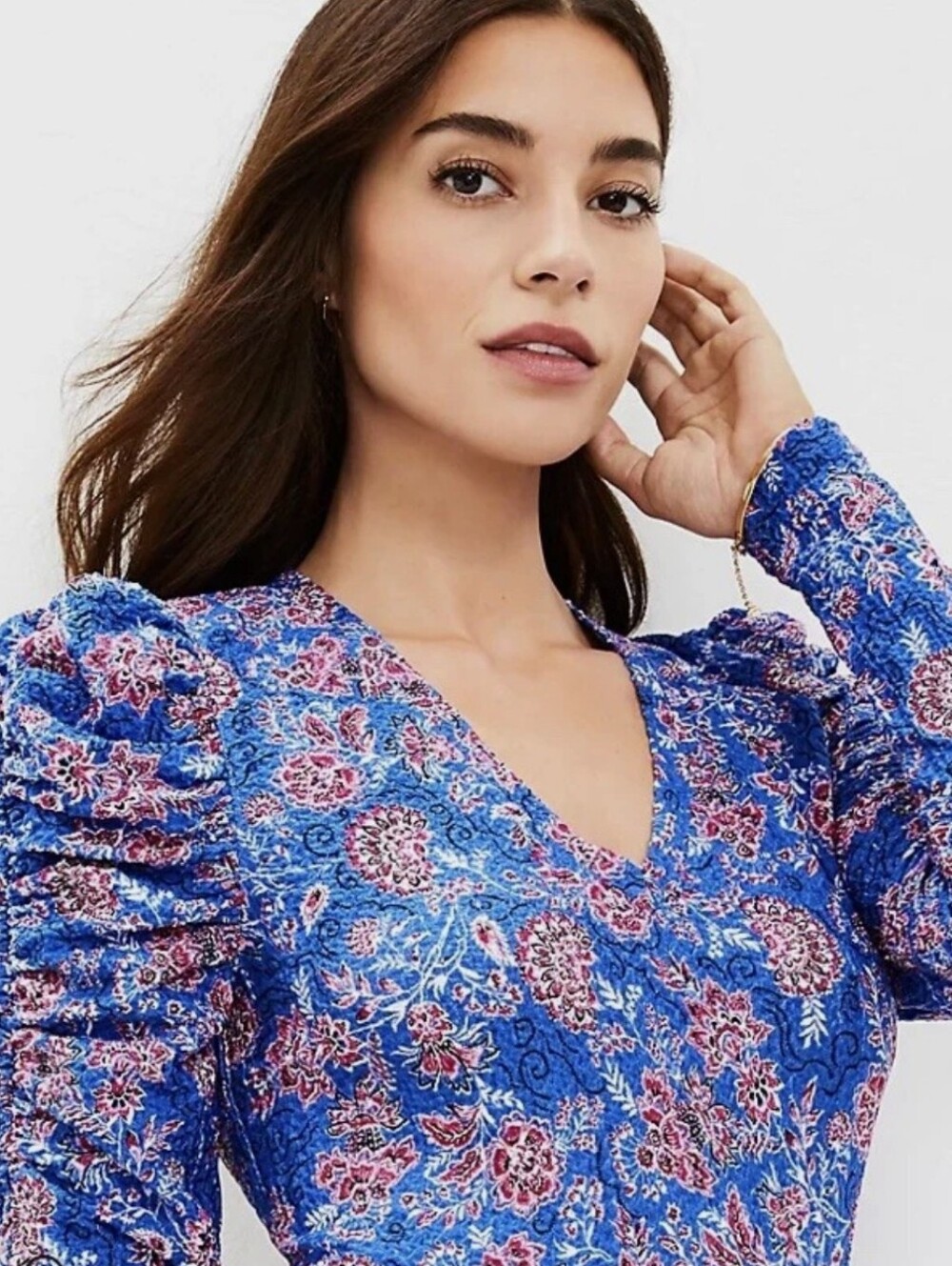 Loft V-Neck Puff Sleeve Floral Elegant Coquette Long Sleeve Stretchy Sz L Fall